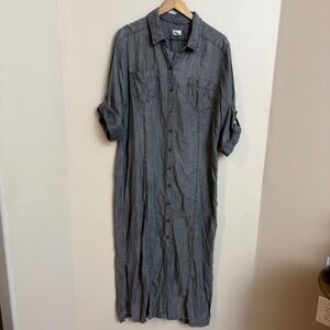 Chico's Shirt Maxi Dress 3 XL Gray Denim Chambray Button Down Roll Tab Sleeve